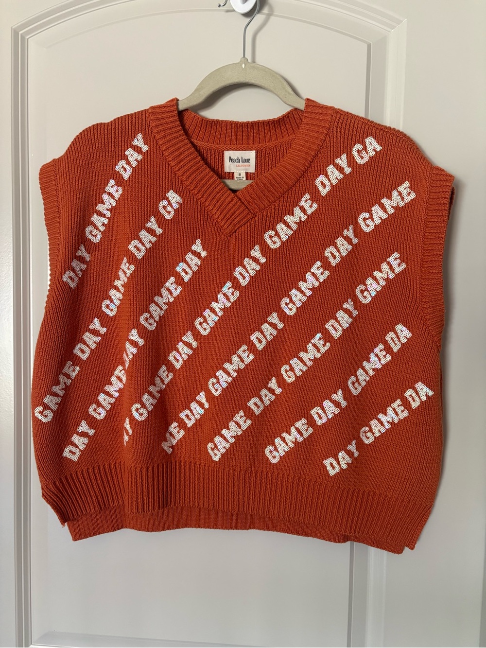 Peach Love Burnt Orange Sequin 'Game Day' V-Neck Sweater Vest